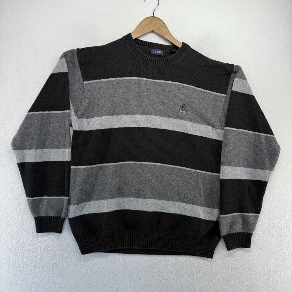 Vintage Izod Sweater Men's Medium Black Striped Colorblock Grandpa 90s Logo Golf
